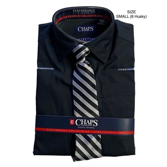 CHAPS BOYS SMALL (8 Husky) BLACK SHIRT AND TIE SET - Picture 1 of 9